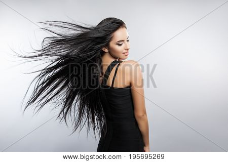 Beautiful Girl Model With Flying The Wind Hair.