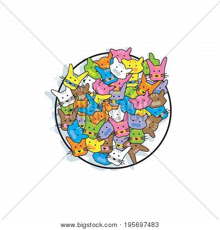 Texture of cats and rabbits of different colors arranged in a circle vector illustration