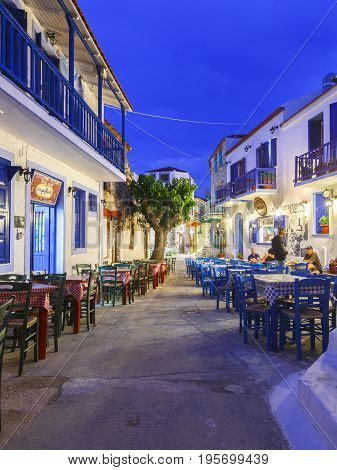 ALONISSOS, GREECE - JUNE 17, 2017: View of the Chora village on Alonissos island in Sporades archipelago in Greece on June 17, 2017.