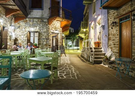 ALONISSOS, GREECE - JUNE 17, 2017: View of the Chora village on Alonissos island in Sporades archipelago in Greece on June 17, 2017.