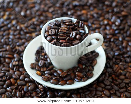 Šálek espresso fazole s pozadím coffee bean