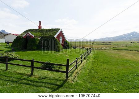 Red turf house Lindarbakki in Bakkagerdi on the east coast of Iceland
