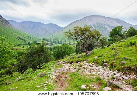 Views on the path to Scafell pike, the highest mountain in England, Lake District National Park, Cumbria, England, selective focus