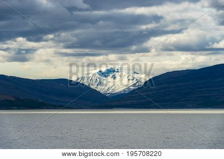 View towards Snaefell mountain seen from Lagarfjot lake near Egilstadir