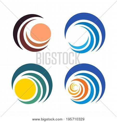 Wave and sun, sunset and sunrise logos. Isolated abstract decorative logo set, design element template on white background.