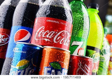 POZNAN POLAND - MAY 19 2017: Global soft drink market is dominated by brands of few multinational companies founded in North America. Among them are Pepsico Coca Cola and Dr. Pepper Snapple Group