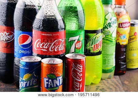 POZNAN POLAND - MAY 19 2017: Global soft drink market is dominated by brands of few multinational companies founded in North America. Among them are Pepsico Coca Cola and Dr. Pepper Snapple Group