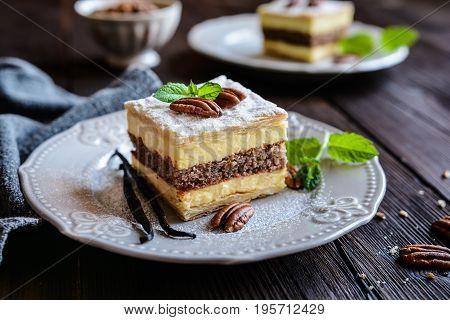 Cremeschnitte With Vanilla Custard Cream And Pecan Nuts