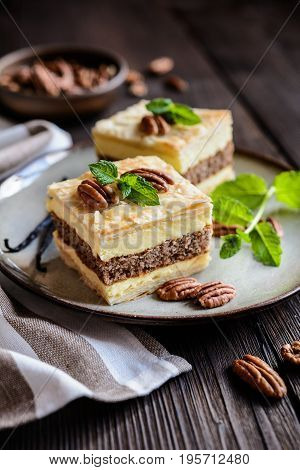 Cremeschnitte With Vanilla Custard Cream And Pecan Nuts