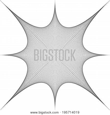 Abstract monochrome line grid pattern kaleidoscope curved star - vector graphic design from thin black stripes on white