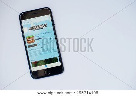Kyiv, Ukraine - Jul 11,2017: Apple Iphone 7 With Minecraft  Application On The Screen At App Store I