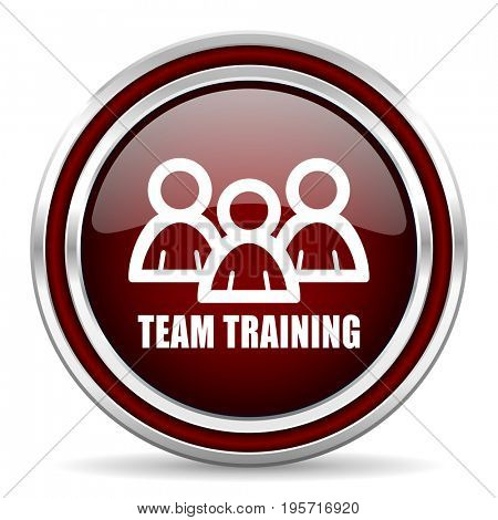 Team training red glossy icon. Chrome border round web button. Silver metallic pushbutton.