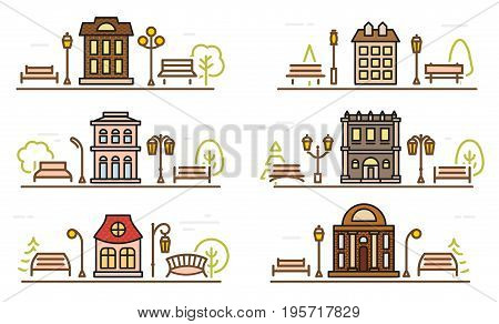 Cartoon drawing coloring facade and adjacent parks. Outline stylized vector cityscape template. Park and city design landscape thin linear elements. Retro color city illustrations set.