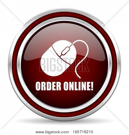 Order online red glossy icon. Chrome border round web button. Silver metallic pushbutton.