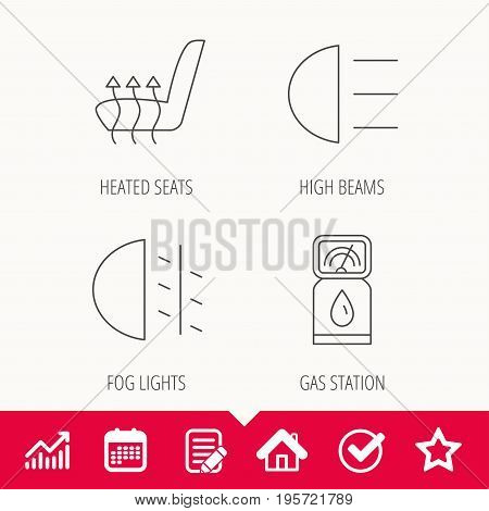 Petrol station, fog lights and heated seats icons. Gas fuel station linear sign. Edit document, Calendar and Graph chart signs. Star, Check and House web icons. Vector