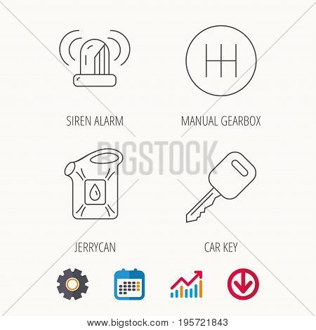 Manual gearbox, jerrycan and car key icons. Siren alarm, fuel jerrycan linear signs. Calendar, Graph chart and Cogwheel signs. Download colored web icon. Vector
