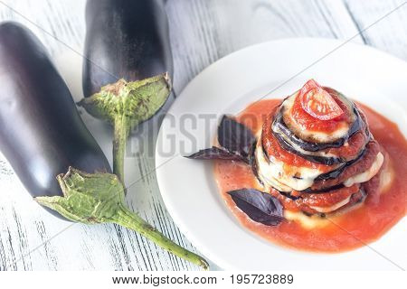 Portion of parmigiana di melanzane: top view