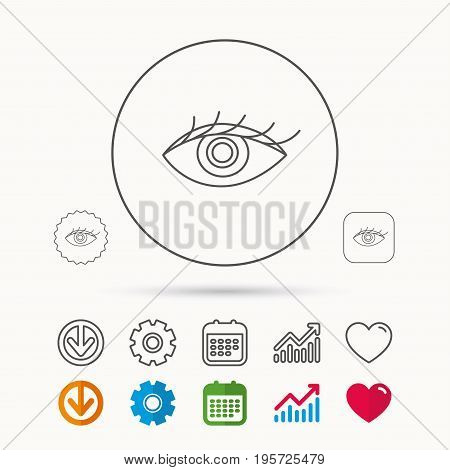 Eye icon. Human vision sign. Ophthalmology symbol. Calendar, Graph chart and Cogwheel signs. Download and Heart love linear web icons. Vector