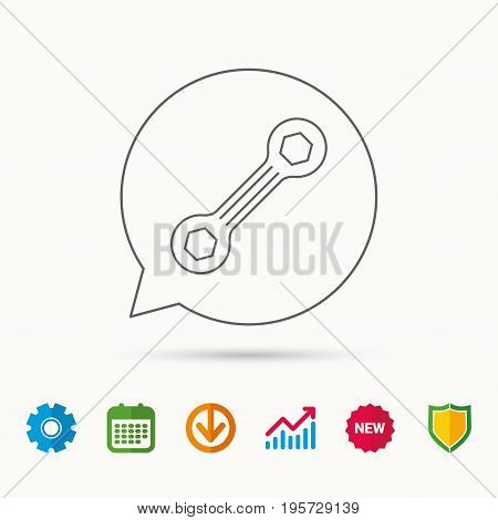 Spanner tool icon. Repairing service sign. Calendar, Graph chart and Cogwheel signs. Download and Shield web icons. Vector