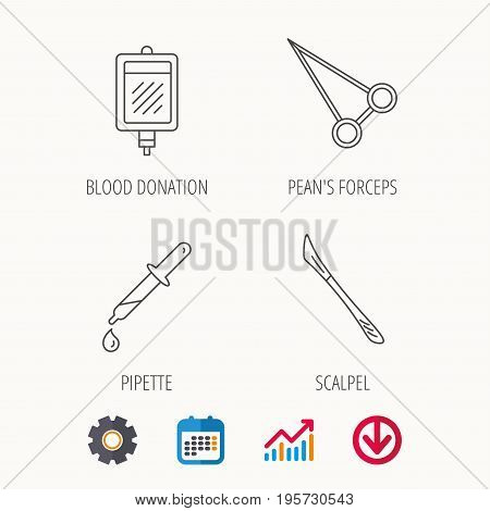 Pipette, blood donation and scalpel icons. Peans forceps linear sign. Calendar, Graph chart and Cogwheel signs. Download colored web icon. Vector