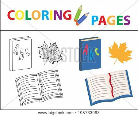 Coloring book page. Back to school set, book, primer. Sketch outline and color version. Coloring for kids. Childrens education. Vector illustration