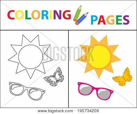 Coloring book page. Summer set, glasses, sun, butterfly. Sketch outline and color version. Coloring for kids. Childrens education. Vector illustration