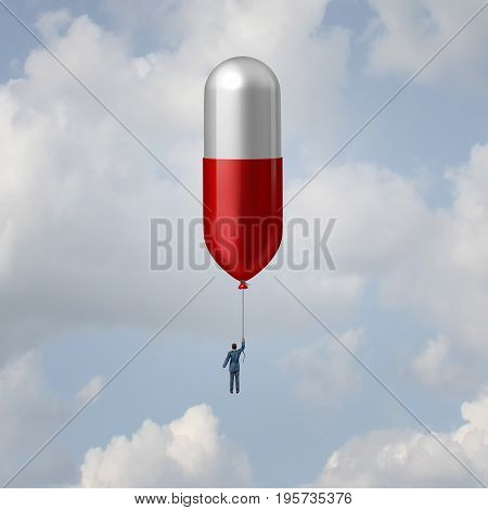 Pharmacy and medication concept as a pharmaceutical industry and biotechnology therapy idea as a patient or scientist floating high with a giant pill balloon as a medical discovery research symbol with 3D illustration elements.