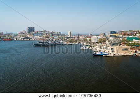VLADIVOSTOK, RUSSIA, June 01, 2013: View of Vladivostok from the bridge through a bay Golden Horn.