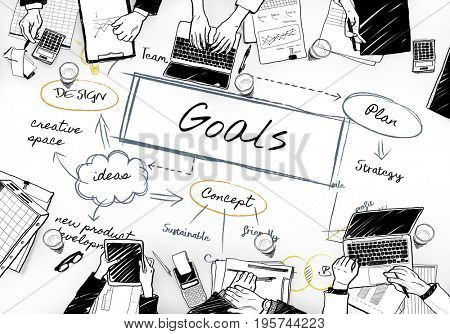 Goals diagram with people on a meeting table graphic