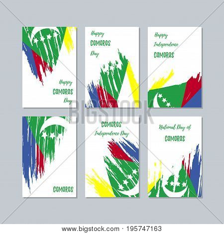 Comoros Patriotic Cards For National Day. Expressive Brush Stroke In National Flag Colors On White C