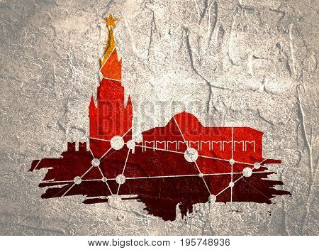 Spasskaya Tower of Kremlin and part of the wall in Moscow. Grunge brush. Molecule And Communication. Connected lines with dots. Grunge texture effect