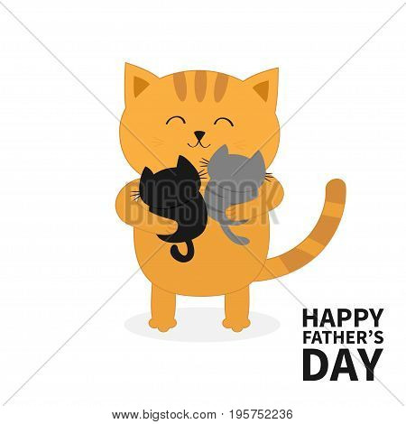 Cat hugging two little baby kitten. Happy Fathers day. Kittens on hands. Kitty hug. Funny Kawaii animal family. Cute cartoon pet character set. Flat design White background Isolated. Vector