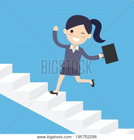 Business woman running up the stairs over.Career vector concept