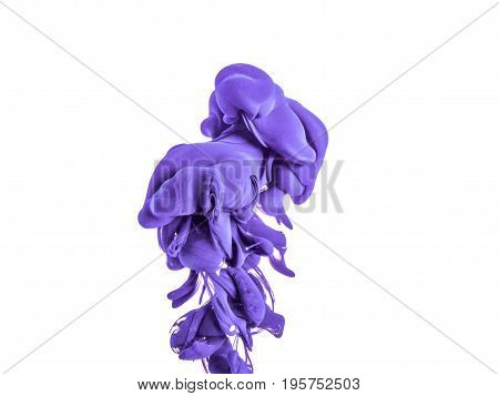 Ink swirl in a water, isolated on white background. The paint in the water. Soft dissemination a droplets of colored ink in water close-up. Explosion of color splashes acrylic ink.