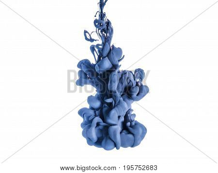 Ink swirl in a water, isolated on white background. The blue paint in the water. Soft dissemination a droplets of colored ink in water close-up. Explosion of color splashes acrylic ink.