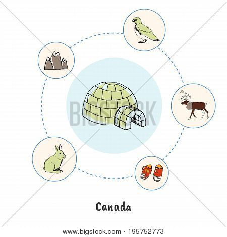 Attractive Canada. Ice igloo colorized doodle surrounded reindeer, rock ptarmigan, hare, mountain, winter mittens hand drawn vector icons. Canadian nature, culture symbols. Travel in North America