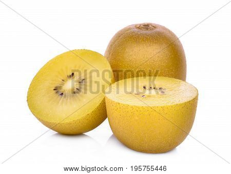 whole and half of yellow or gold kiwi fruit isolated on white background