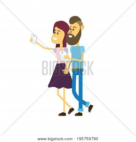 beauty couple with hairstyle and smartphone in the hand vector illustration