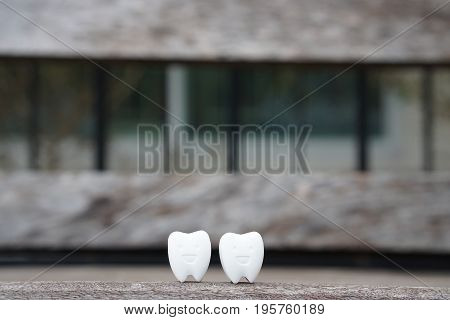 health icon of two white healthy teeth on wooden bench