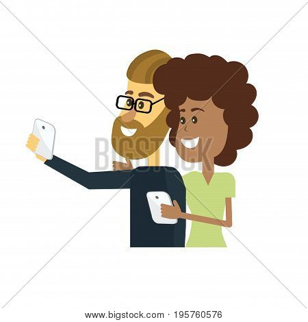 beauty couple with hairstyle and smartphone in the hand vector illustration