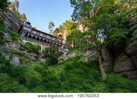 Residence falcon nest in Bohemian Switzerland National Park, Czech Republic