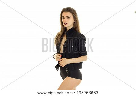 young beautiful girl in high panties and jacket without underwear isolated on white background
