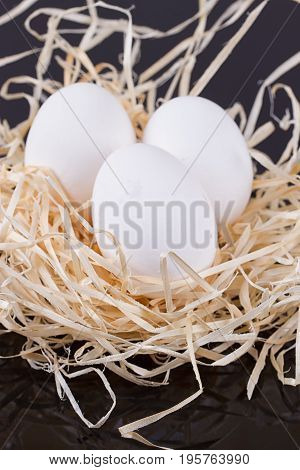Three chicken eggs in the nest like On a black background