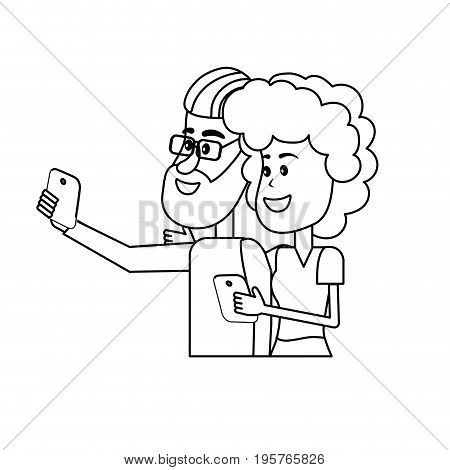line beauty couple with hairstyle and smartphone in the hand vector illustration