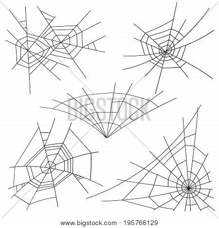 Halloween Spider Web Set Vector. Black Spider Web Isolated On White. Monochrome Hector Venom Cobweb For Halloween Design