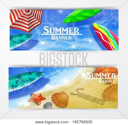 colorful umbrella floating surfing boards and water top view banner set vector illustration