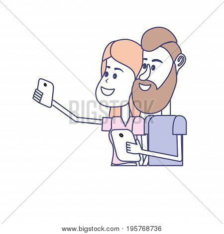 beauty couple with hairstyle and smartphone in the hand vector illustration