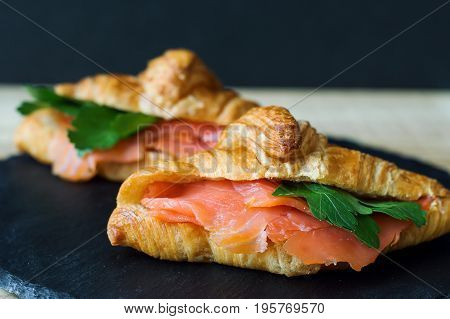 Sandwiches with croissant smoked salmon and parsley on black slate board. Appetizer with redfish. Breakfast meal