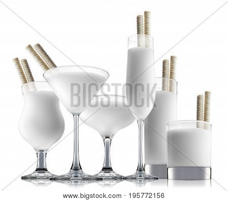 Pina colada or white russian cocktail or mocktail in classic glass isolated on white background