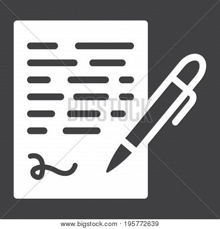 Pen signing solid icon, business contract and signature, vector graphics, a glyph pattern on a black background, eps 10.